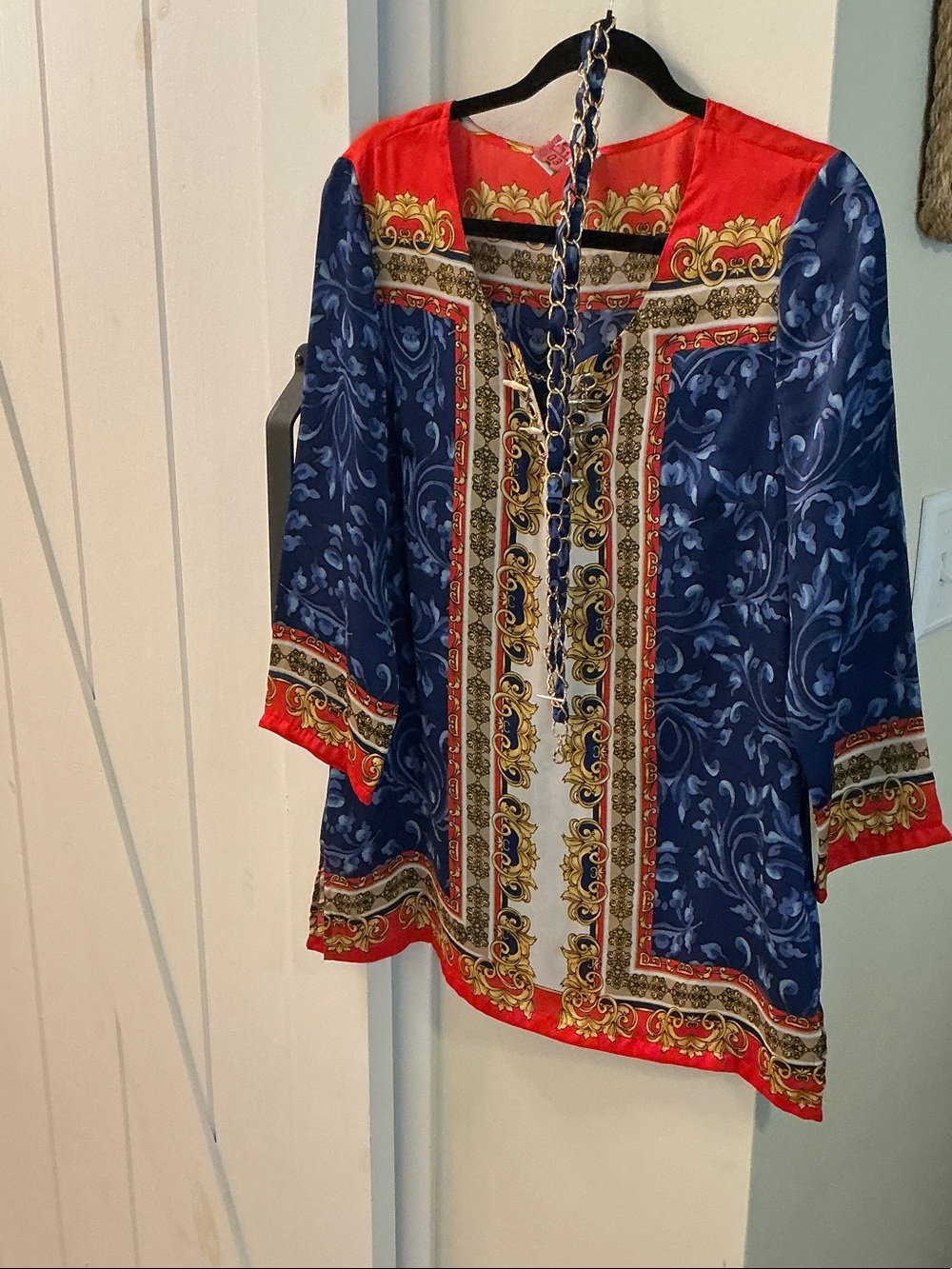 Cache Blue and Red Baroque Print Blouse